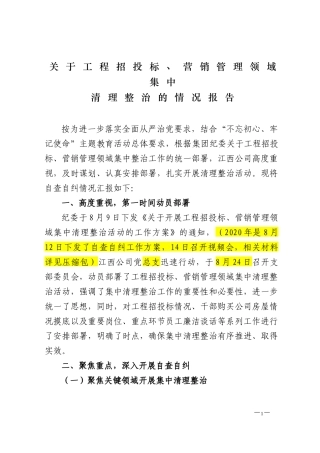 2019年工程招投标、营销管理领域集中清理整治的情况报告（