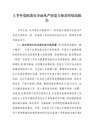 2020年上半年党组落实全面从严治党主体责任情况报告