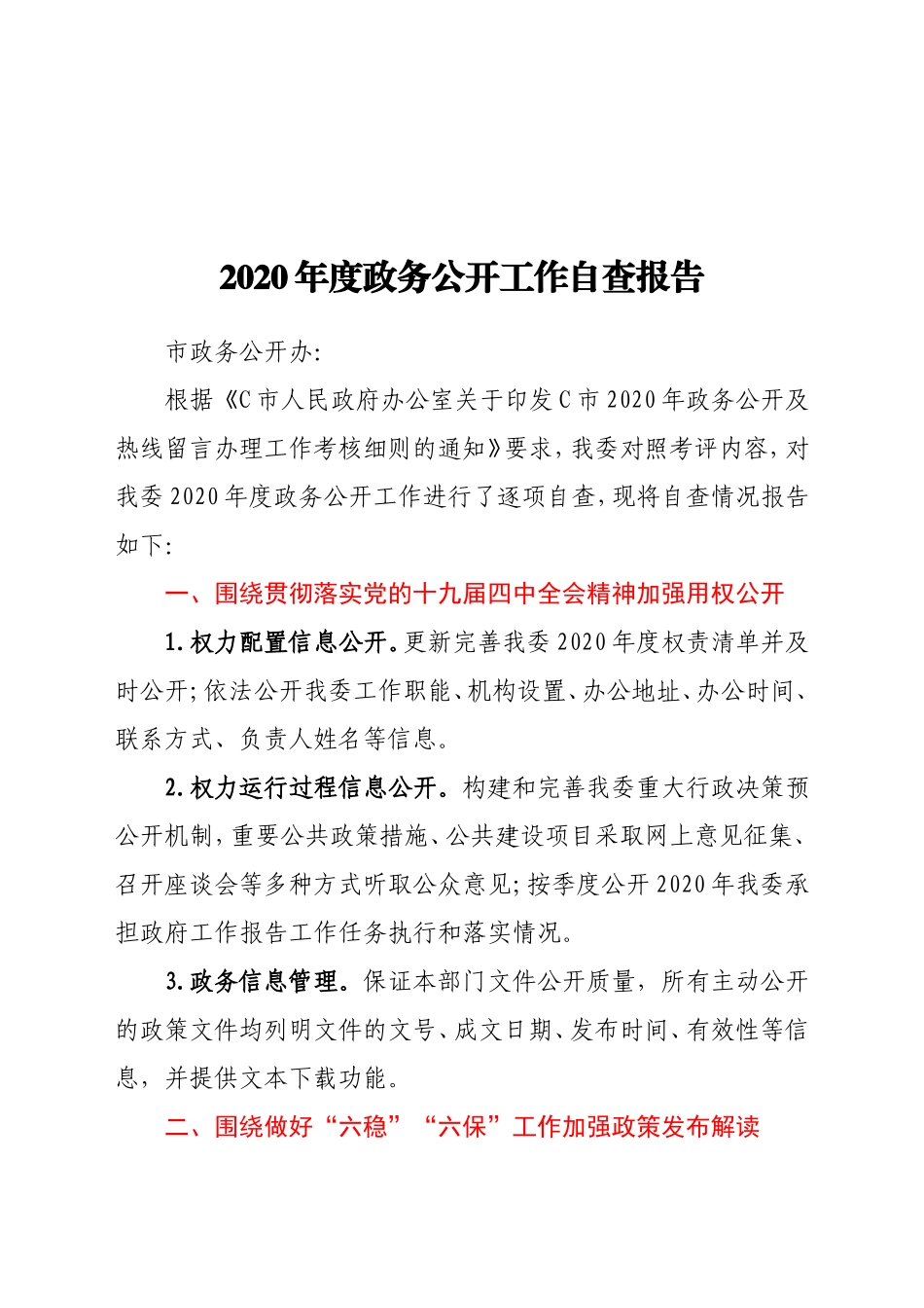 2020年度政务公开工作自查报告_第1页