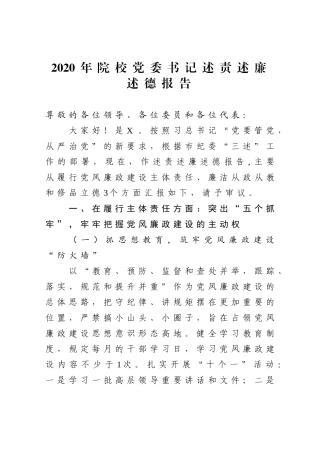 2020年高校党委书记述责述廉述德报告