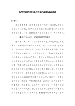【讲话提纲】2021年在专项巡察市财政局党组见面会上的讲话