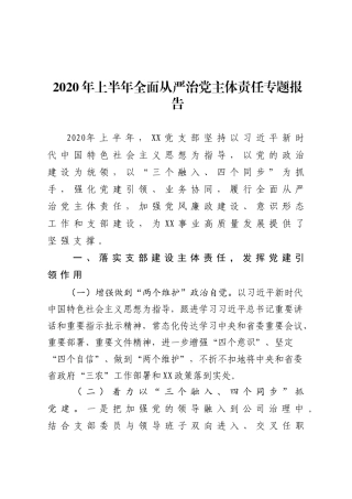 2020年全面从严治党主体责任专题报告