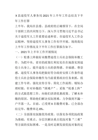 X县退役军人事务局2021年上半年工作总结及下半年工作打算