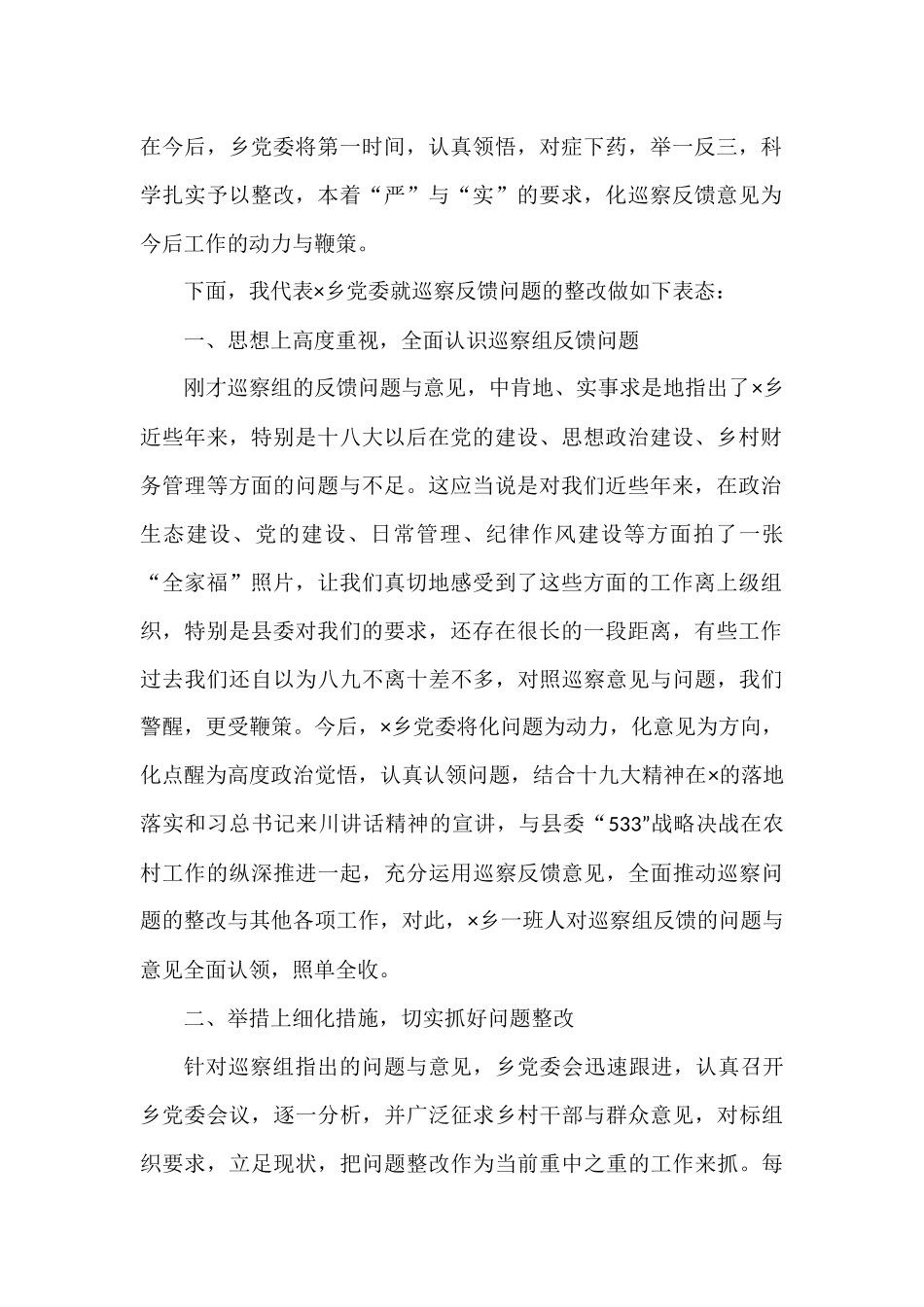 X乡党委书记在县委第四巡察组巡视反馈意见会上整改表态发言_第2页