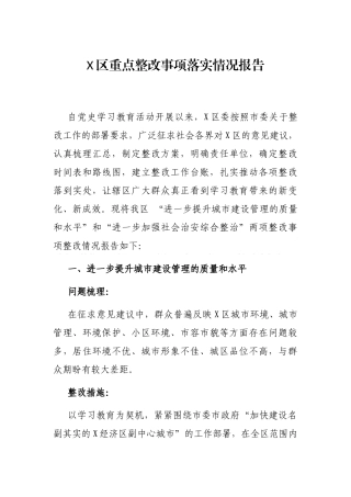 2021年X区重点整改事项落实情况报告