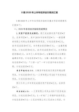 X镇2020年上半年经济运行情况汇报