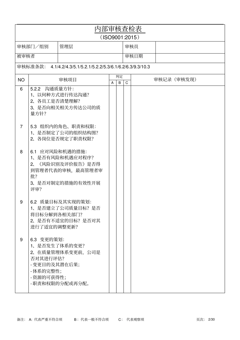 IOS9001：2015内审检查表(各部门)_第2页
