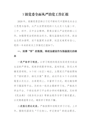 X镇党委全面从严治党工作汇报