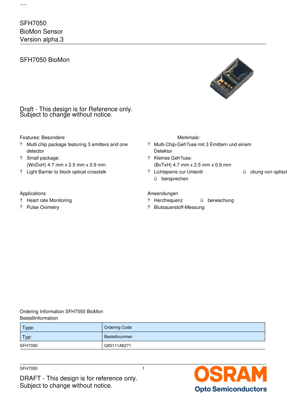 SFH7050BioMonitoring欧司朗血氧饱和度传感器_第1页