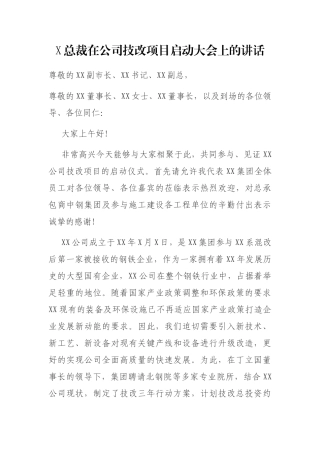 X总裁在公司技改项目启动大会上的讲话