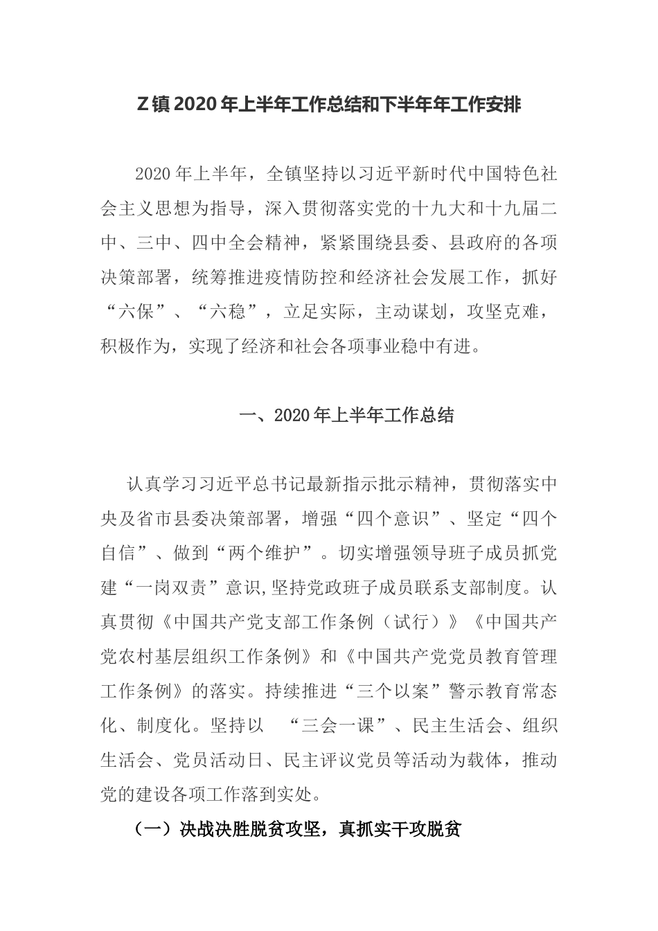Z镇2020年上半年工作总结和下半年年工作安排_第1页