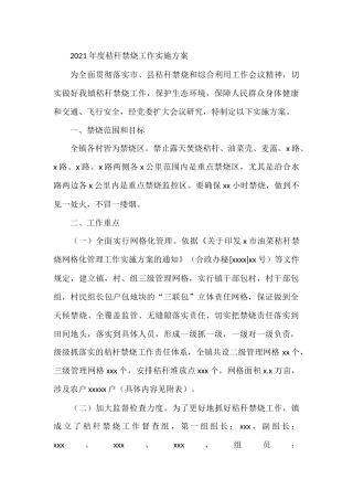 2021年度秸秆禁烧工作实施方案 乡镇