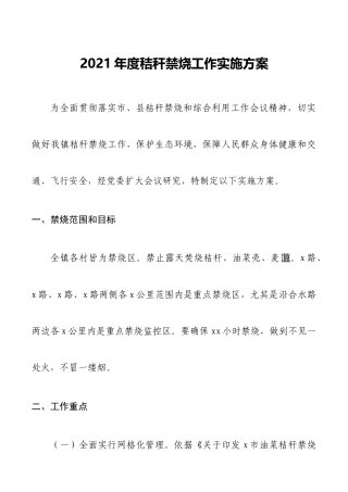 2021年度秸秆禁烧工作实施方案