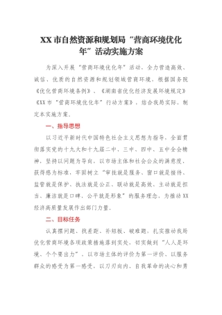XX市自然资源和规划局“营商环境优化年”活动实施方案