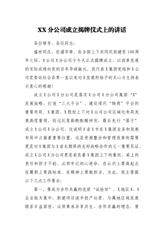 XX分公司成立揭牌仪式上的讲话