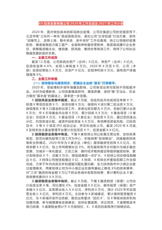 XX投资发展有限公司2020年工作总结及2021年工作计划