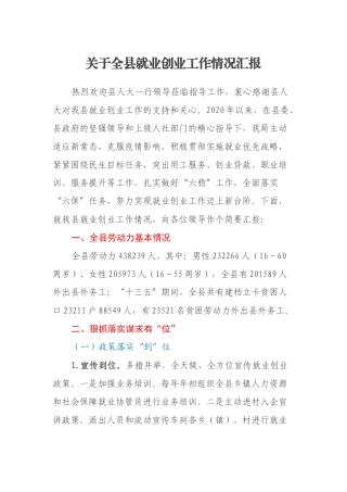 2021年关于全县就业创业工作情况汇报