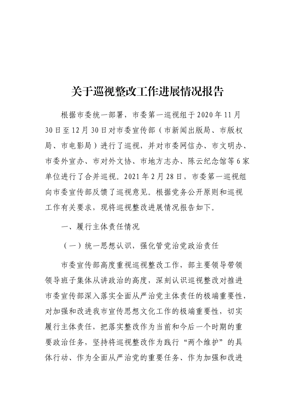 2021年关于巡视整改工作进展情况报告_第1页