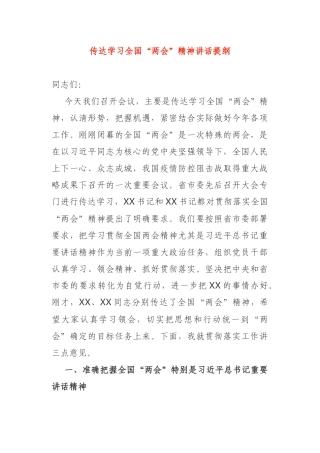 传达学习全国“两会”精神讲话提纲