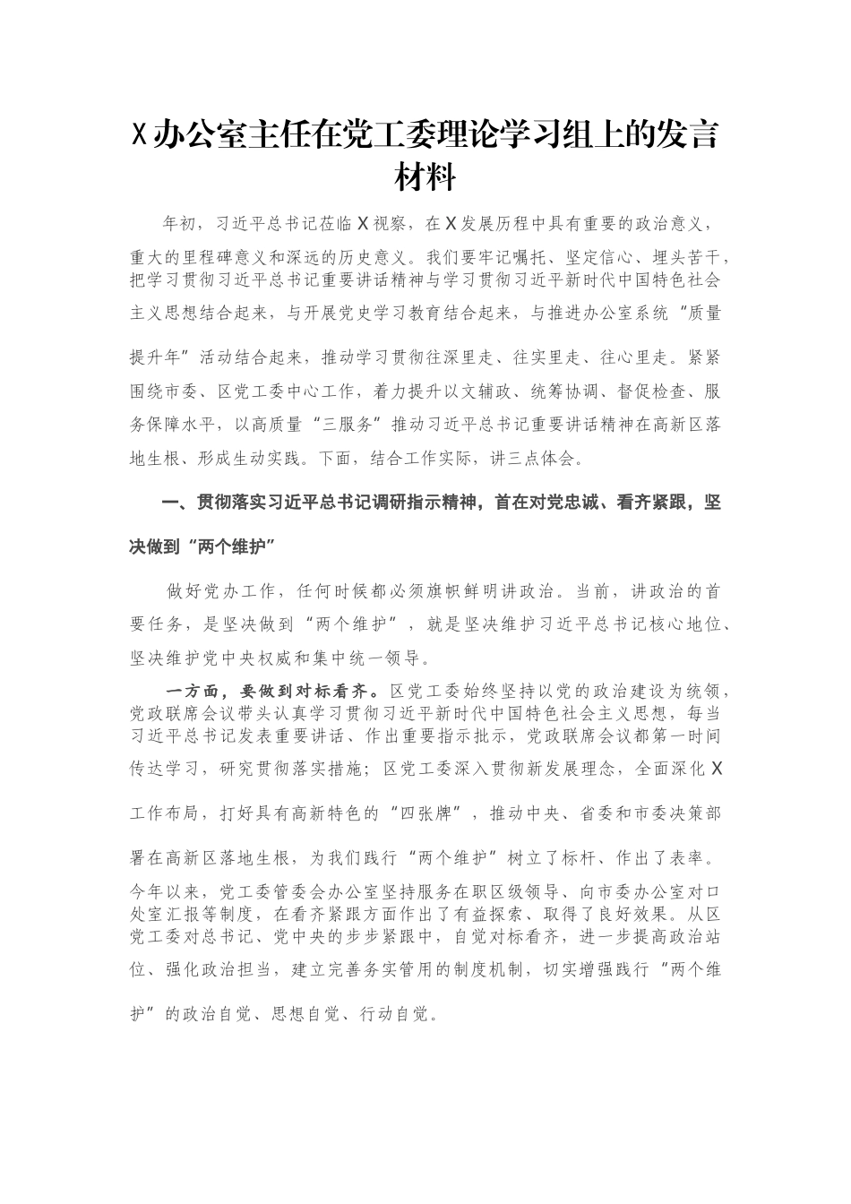 X办公室主任在党工委理论学习组上的发言材料_第1页