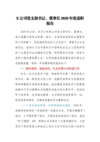 X公司党支部书记、董事长2020年度述职报告