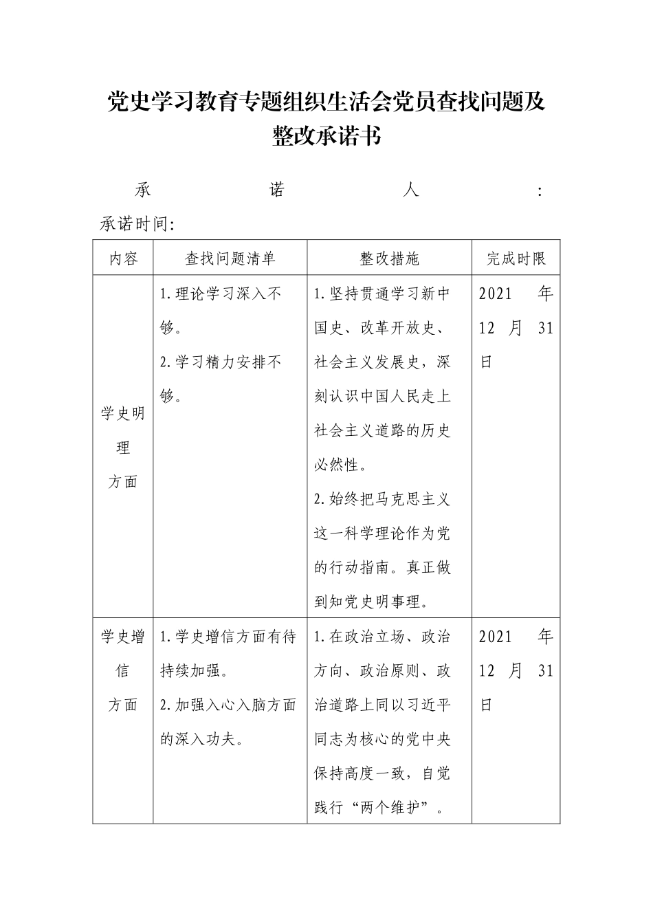 党史学习教育党员查找问题及承诺书汇编_第1页