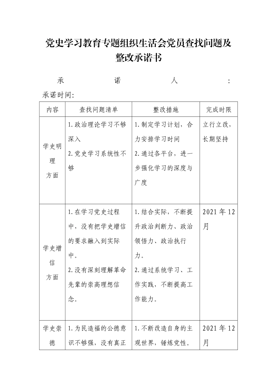 党史学习教育党员查找问题及承诺书汇编_第3页
