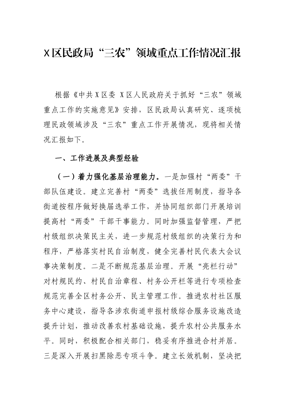 X区民政局“三农”领域重点工作情况汇报_第1页