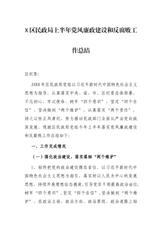 X区民政局上半年党风廉政建设和反腐败工作总结