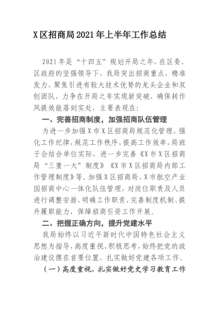 X区招商局2021年上半年工作总结