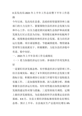 X县发改局2021年上半年工作总结暨下半年工作思路