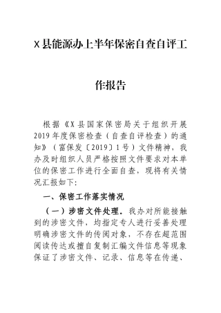 X县能源办上半年保密自查自评工作报告