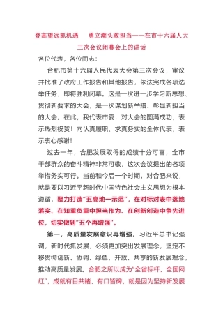 登高望远抓机遇  勇立潮头敢担当——在市十六届人大三次会议闭幕会上的讲话