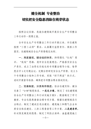 党办：健全机制  专业整治  切实把安全隐患消除在萌芽状态安全生产三年行动交流发言