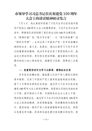 党办：市领导学习习总书记在庆祝建党100周年大会上的讲话精神研讨发言