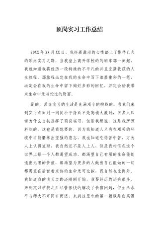 顶岗实习工作总结 教师老师岗位