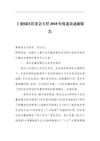 工业园区管委会主任2018年度述责述廉报告