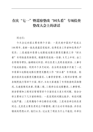 党办：在庆七一暨巡察整改回头看专项检查整改大会上的讲话