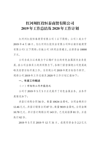 红河州红投恒泰商贸有限公司2019年工作总结
