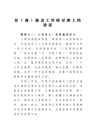 党办：在商协会工作研讨班上的讲话