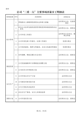 公司“三重一大”主要事项决策分工明细表