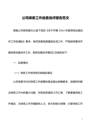 公司保密工作自查自评报告范文集团公司企业工作汇报总结