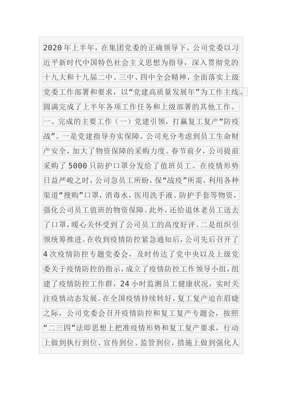 公司党委2020年上半年总结及下半年计划_第1页