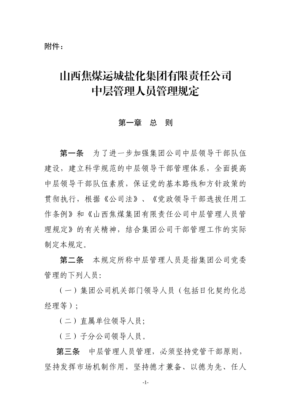 附件 山西焦煤运城盐化集团有限责任公司中层管理人员管理规定_第1页