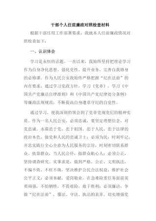 干部个人任前廉政对照检查材料