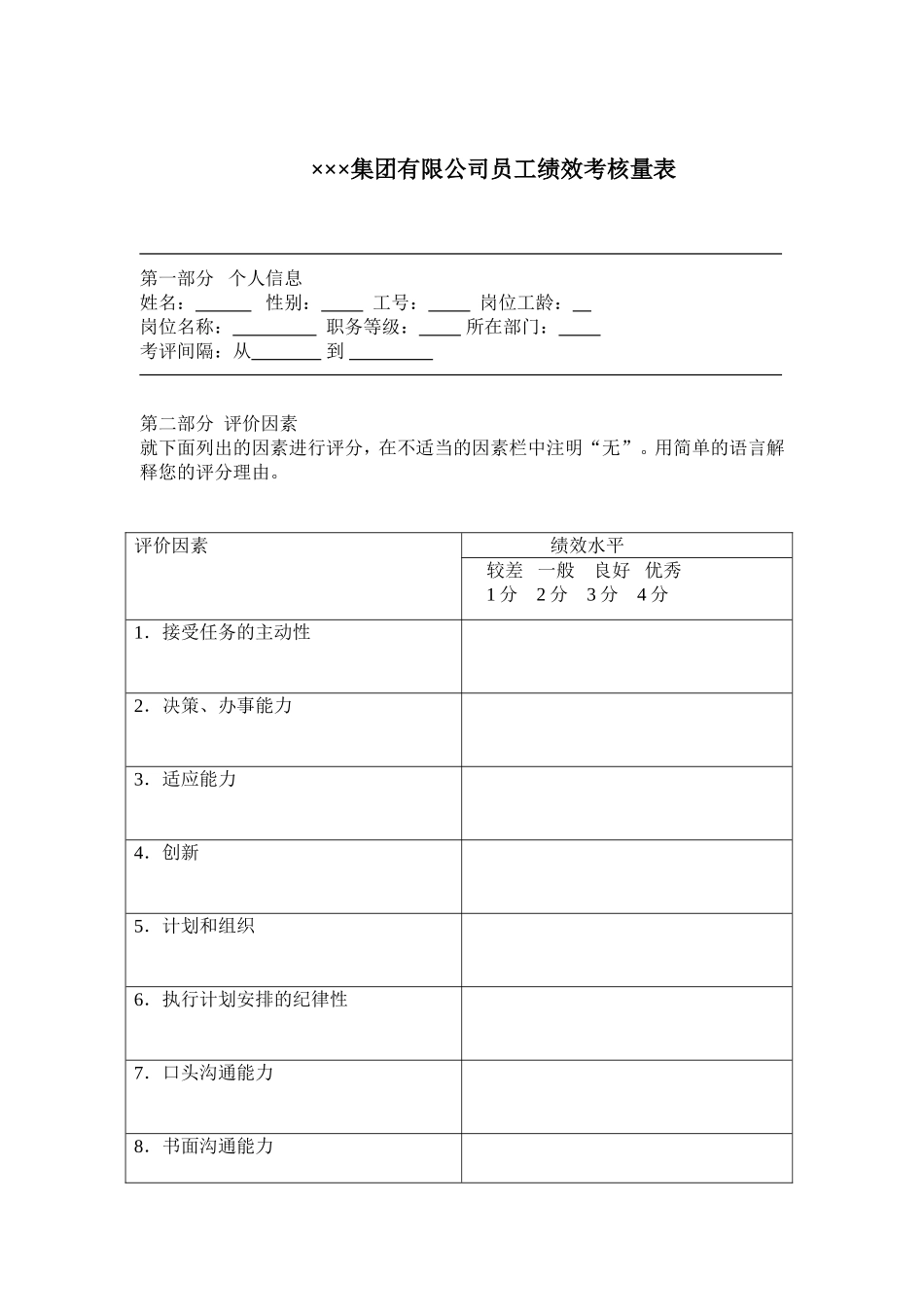 集团有限公司员工绩效考核量表_第1页