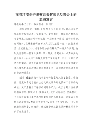 境保护督察组督察意见反馈会上的表态发言