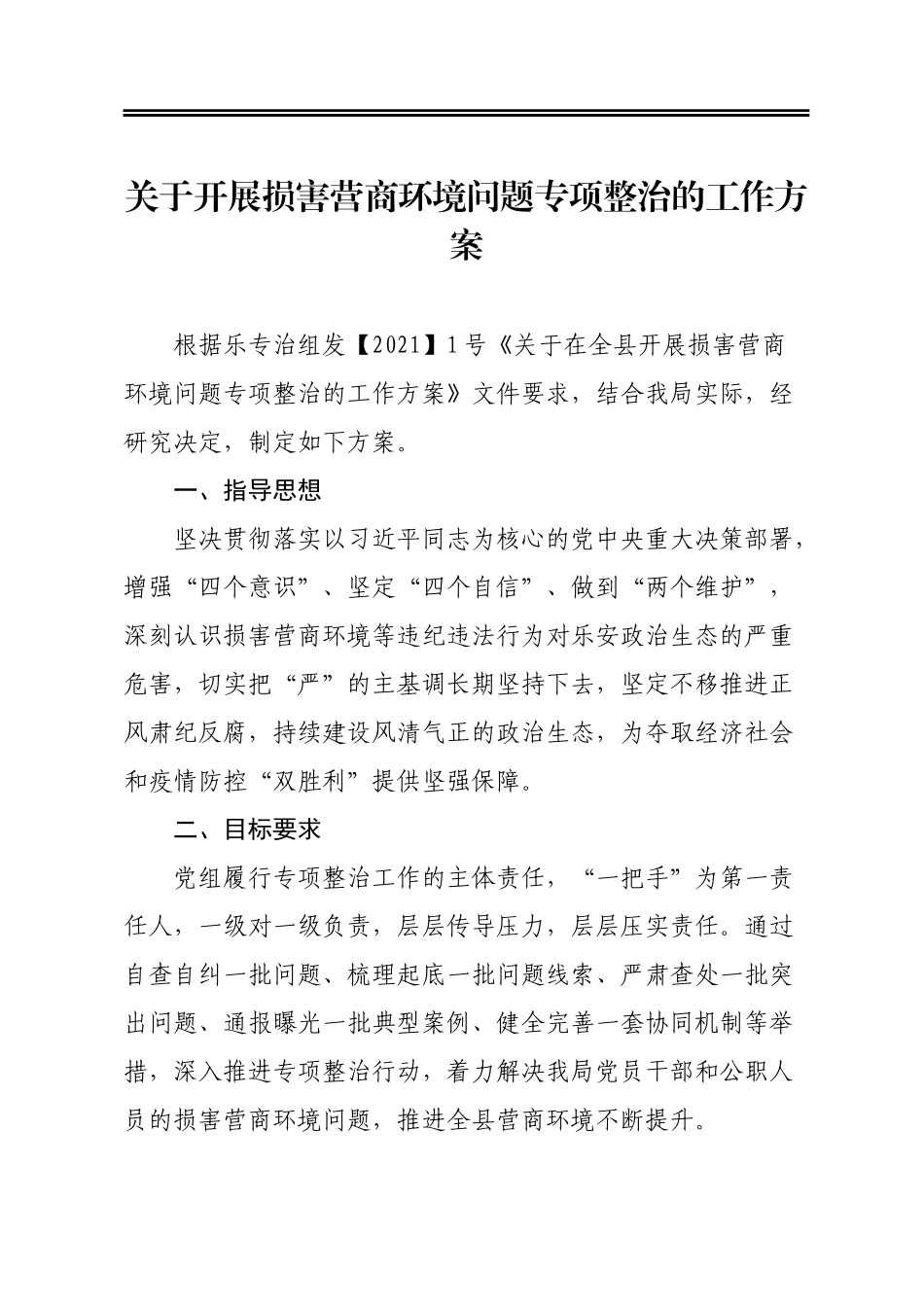 关于开展损害营商环境问题专项整治的工作方案_第1页