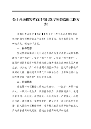 关于开展损害营商环境问题专项整治的工作方案