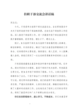 局机关：X厅挂职干部交流会讲话稿